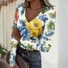 Women's Casual V-Neck Vintage Print Long Sleeve Ribbed Top for Fall and Everyday Wear