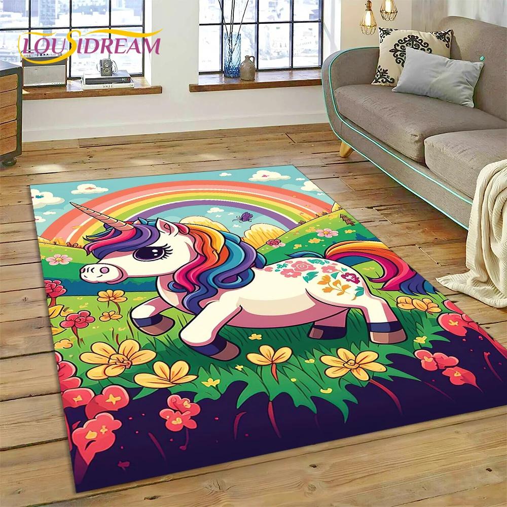 Dywan z kreskówkową, uroczą, jednorożcem, prezentem, dywanem do domu, salonu, sypialni, sofy, wycieraczką, dywanikiem do zabawy dla dzieci, antypoślizgową matą podłogową