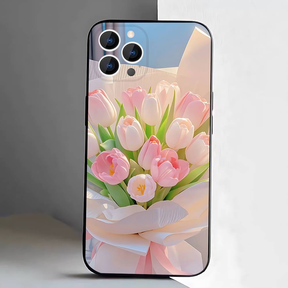 Tulip flower Phone Case For iPhone 17,16,15,14,13,12,Pro,Max,Plus,E,SE4,Air,Mini Black Soft Box