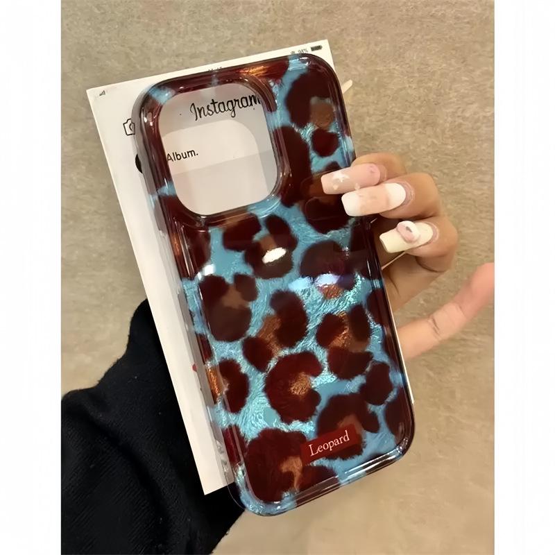 

Retro Blue Brown Leopard Print Case for iPhone 17 Pro Max/16/15/14/13, High-End Double Layer Design iPhone 13 Pro Max