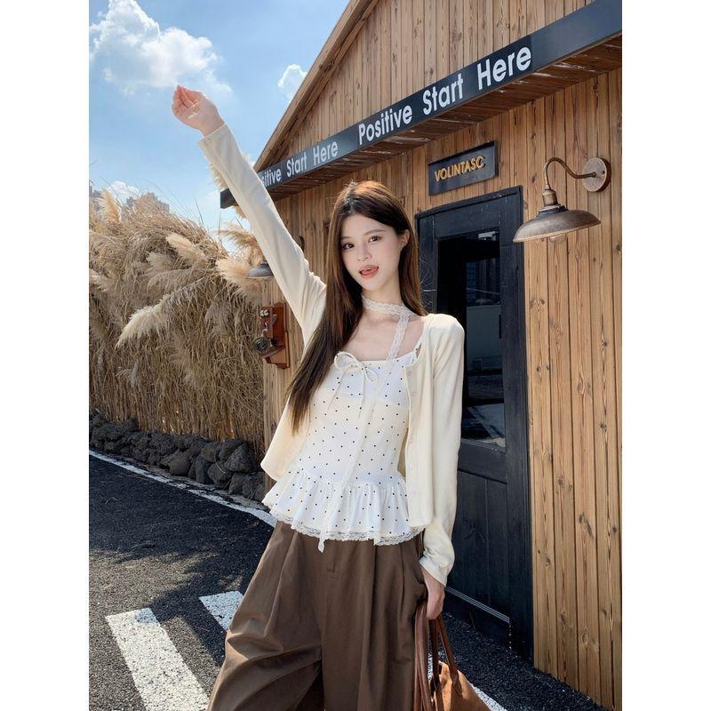 Kumikumi Gentle Pure Color Knitting Cardigan Outwear Female Fall Bows Polka Dot Brace Vest Two-Piece Set