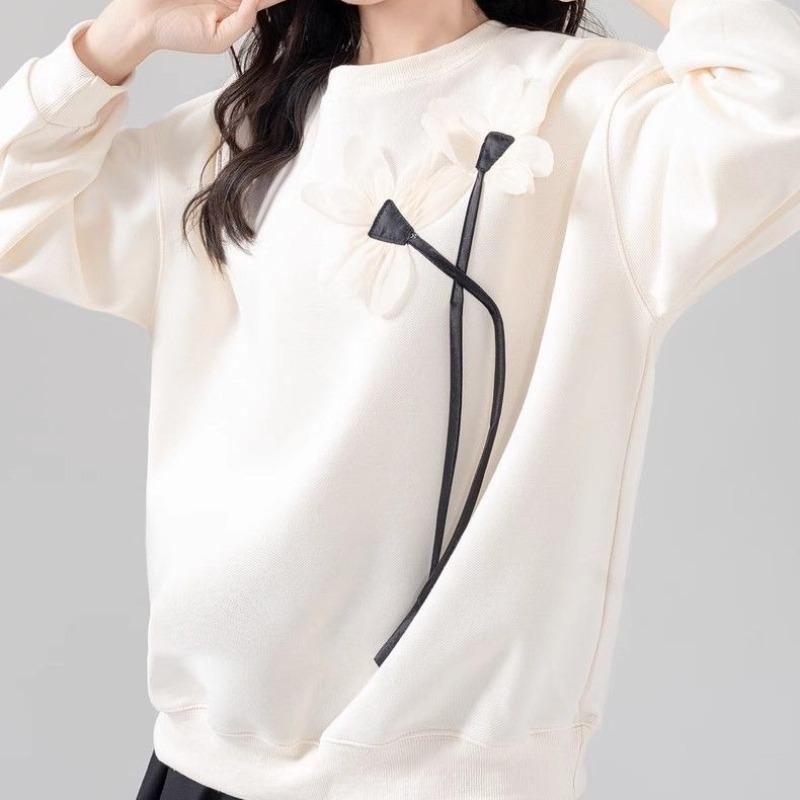 Women's 3D Decorative Hoodie Korean Version Loose Round Neck Flower Pattern Hoodless Sweatshirts Autumn Minimally Casual Daily Famale Top