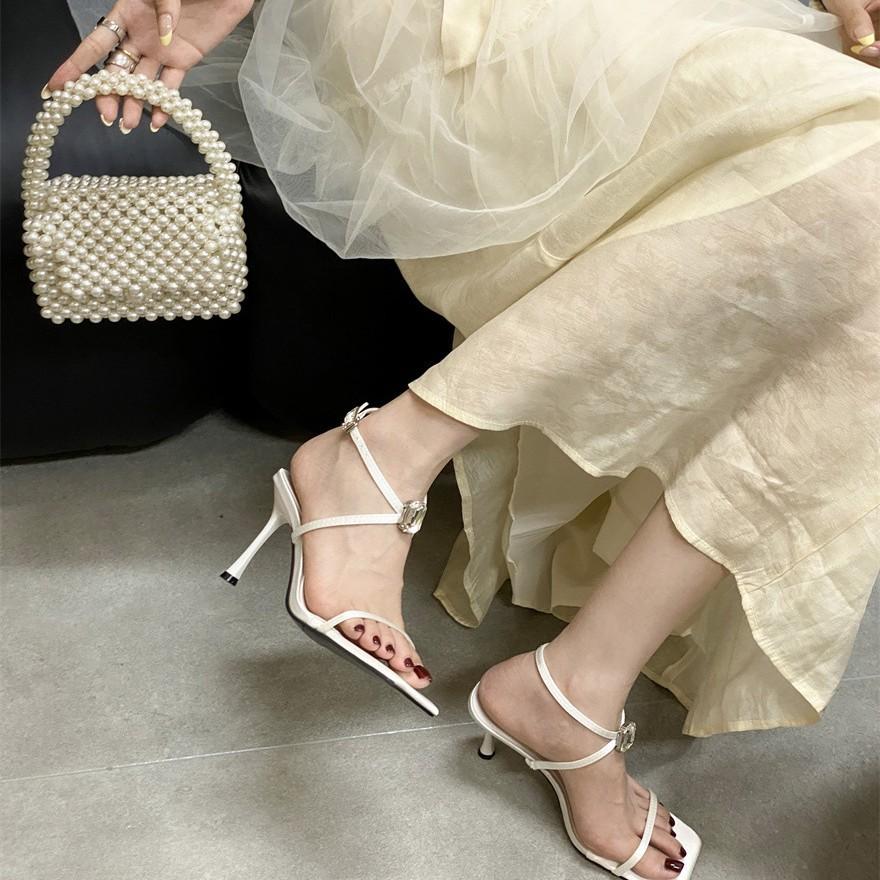 2025 spring new square head thin heel high heel temperament thin French fashion sexy beauty open-toed women's sandals