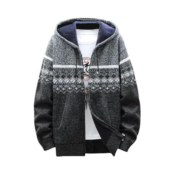 [Ressh.N] Knit Parka Men s Autumn/Winter Fleece Lined Warm Ortega Pattern Sweater Zip Parka