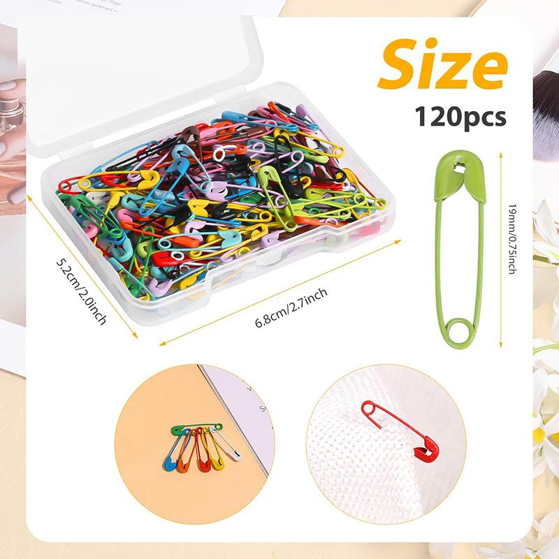 120Pcs Colorful Mini Safety Pins with Clear Case 19mm Metal Safety Pin for Clothes Sewing Jewelry DIY Plush Toy Garment Hang Tag