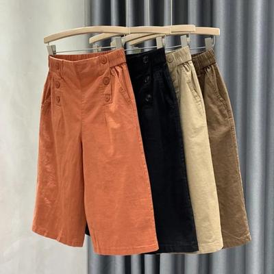 Women Cropped Pants Elastic High Waist Summer Thin Casual Pants with Pockets Solid Color Loose Fit Wide Leg Harem Pants