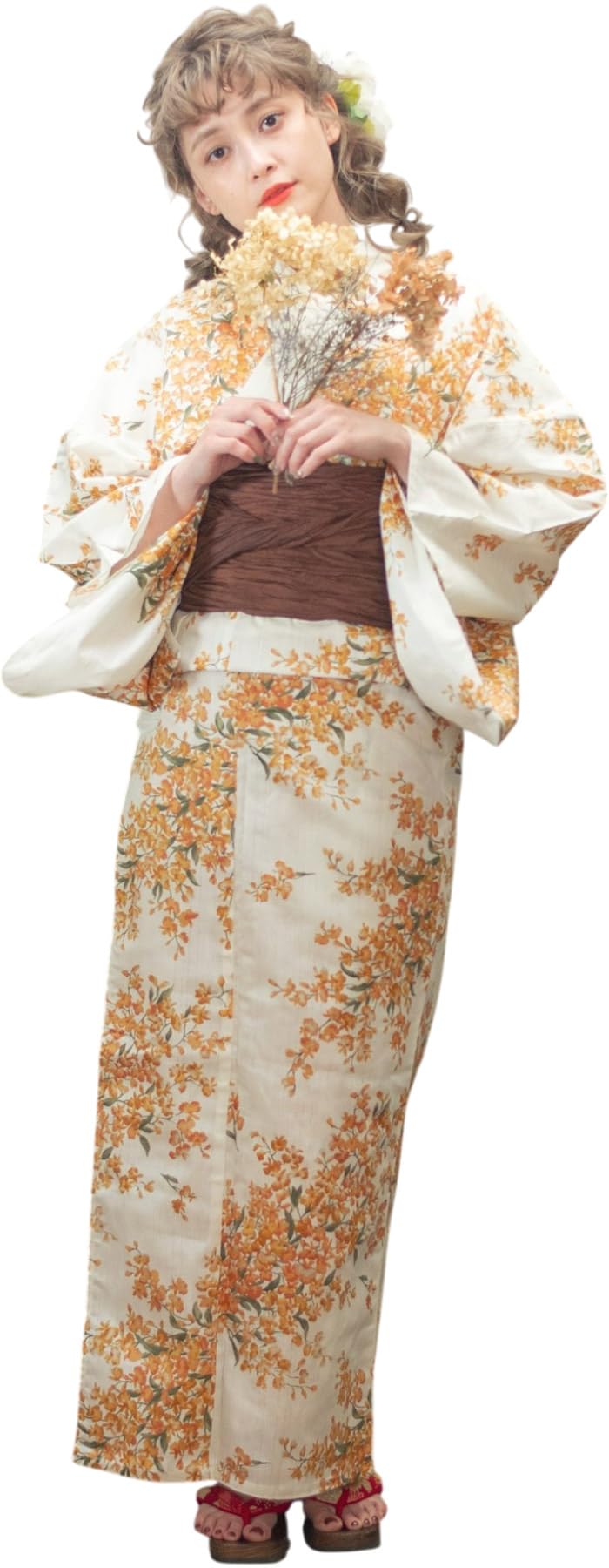 

(Dita) Women s Yukata 5-Piece Set: Heiko Obi (sash), Red, Navy, White, Yellow, Camellia Flower, Retro Modern, Easy to Wear by One Person (2. Summer