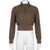 VAYLA Vintage Cropped Jackets Women Stand Collar Solid Color Casual Coats Slim Pocket Zip Up Harajuku Safari Style Outwear