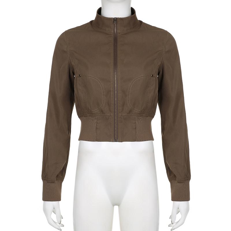 VAYLA Vintage Cropped Jackets Women Stand Collar Solid Color Casual Coats Slim Pocket Zip Up Harajuku Safari Style Outwear