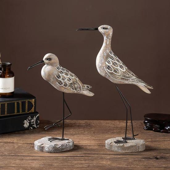 Yousheng 2 Pcs Wooden Seagull Figurine Coastal Lifelike Seabird Sculpture Nautical Animal Tabletop Ornament for Bedroom Living Room Home Office Desk