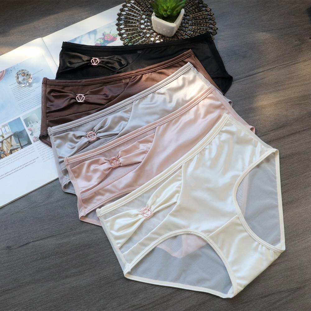 Women's Satin Sexy Mesh Low Waist Breathable Comfortable Antibacterial Briefs Underwear