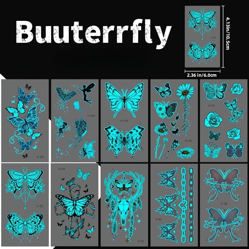 12 Blatt Leuchttattoos|Neonblaue Schmetterlinge, Floral|Langanhaltend 2-5 Tage Wasserdicht|Einfache Anwendung, Tattoo-Aufkleber
