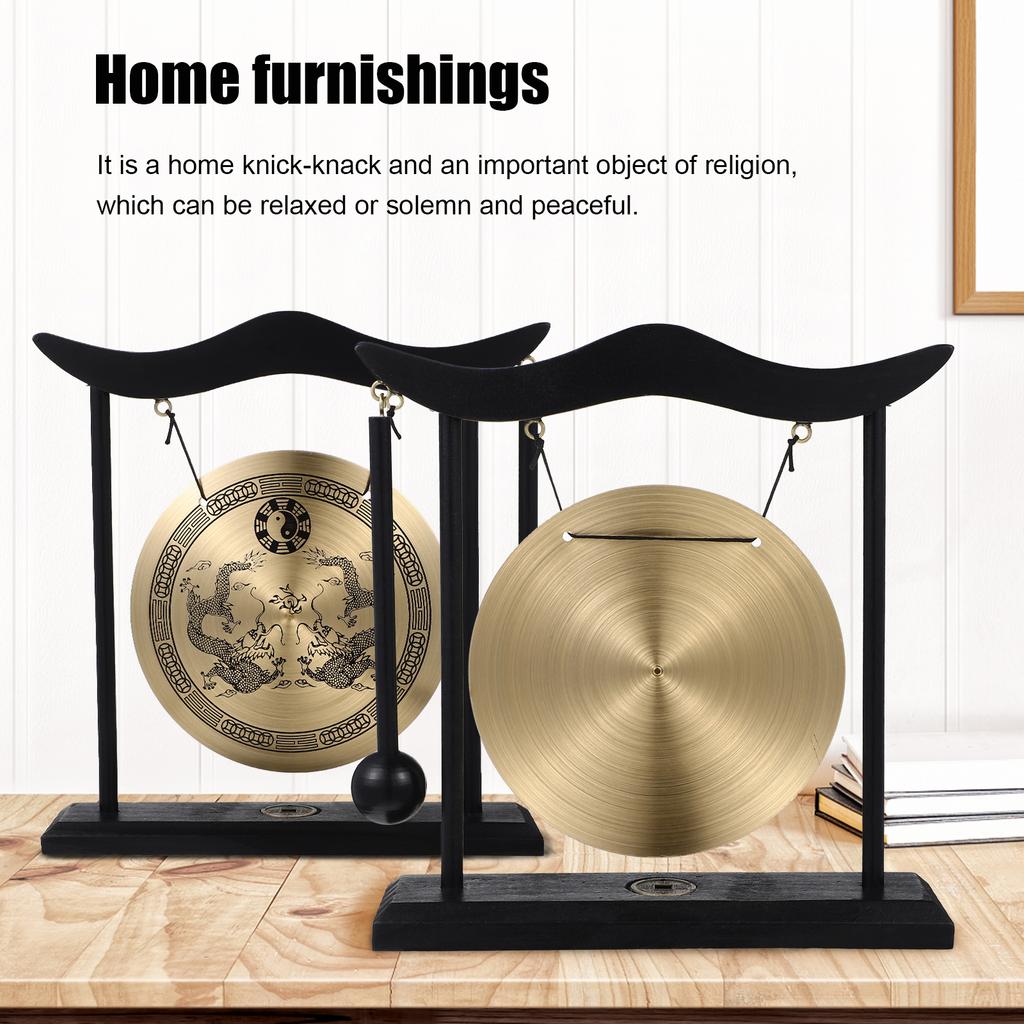 Copper Gong With Mallet Sturdy Handicraft Vintage Pattern Brass nament Desktop Figurines Miniatures Chinese