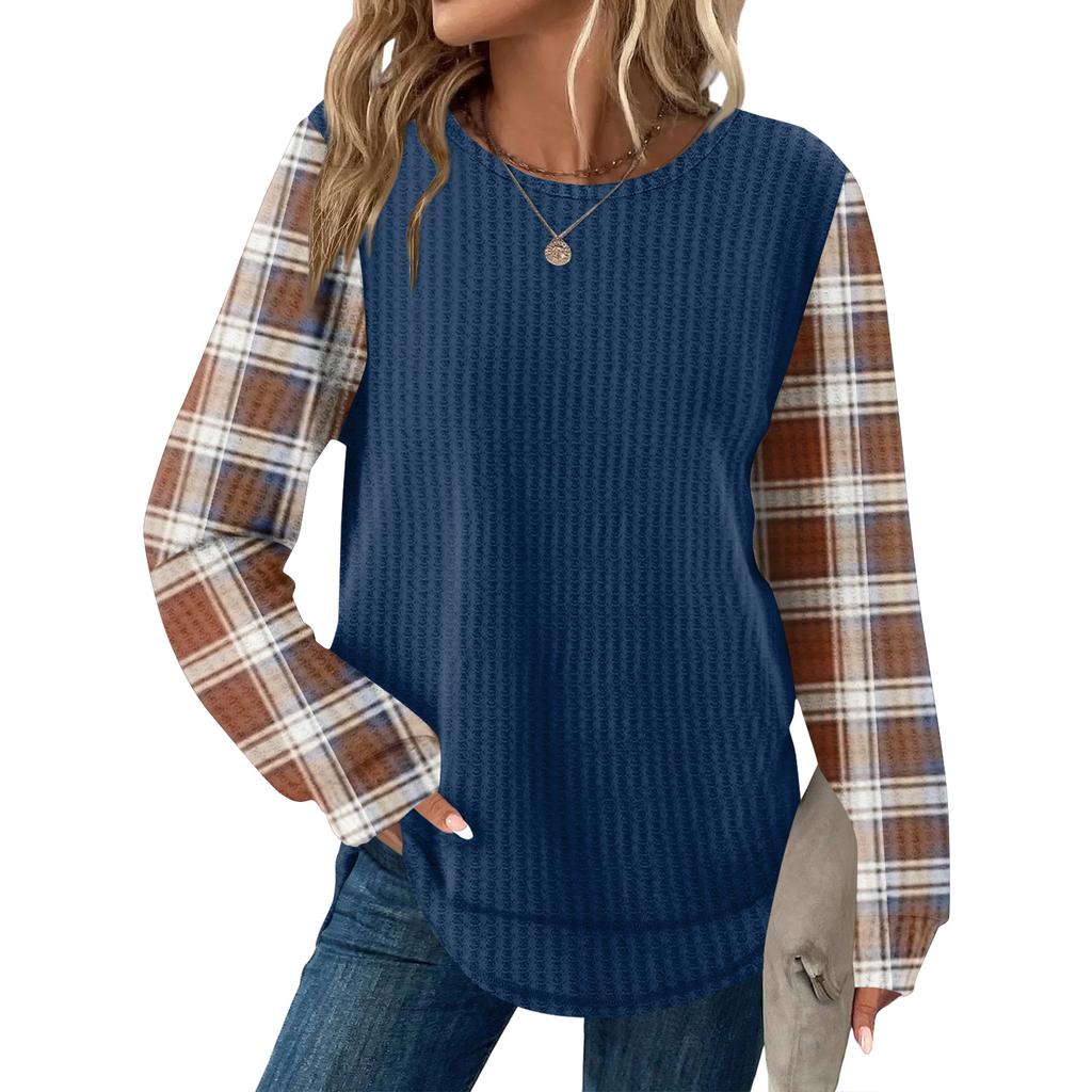 Women's Plaid Print Round Neck Long Sleeve Casual Loose Top