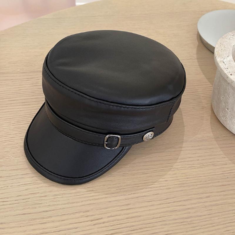 

Новинка 2022 года, весна-осень-зима, женская элегантная шляпа, армейские военные шапки, кепка из натуральной кожи, женская винтажная кепка на плоской подошве из овчины, кожи XXL 59 60cm чёрный