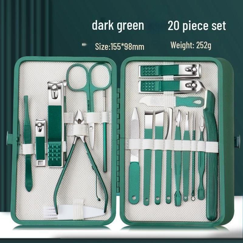 Hochwertiges 26-teiliges Maniküre-Set aus Edelstahl in kompaktem Etui in Dunkelgrün