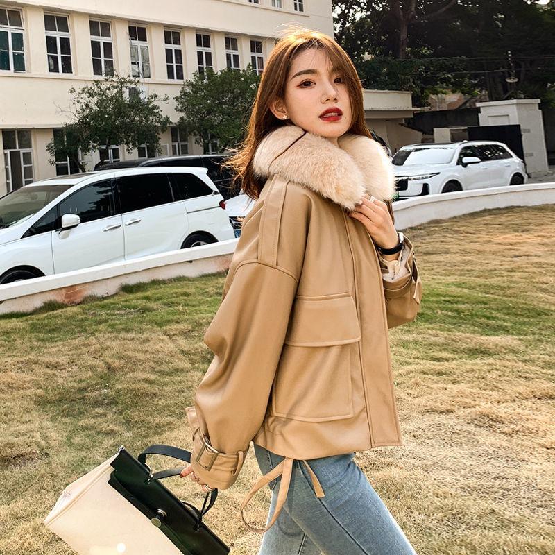 Autumn and winter new leather jacket women's fleece thickened short loose removable imitation unloading fox fur collar pie to overcome