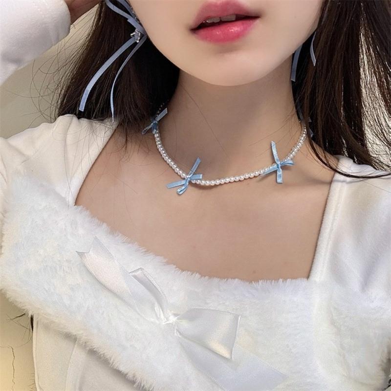 Fashionable Bowknot Pendant Necklace Handmade Pearls Beads Neckchain Bow Beaded Clavicle Chain for Women Girls Choker