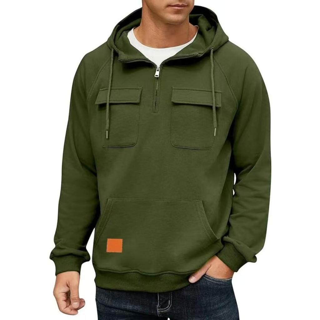 Spring and Autumn Men's Hoodie Zipper Multi Pocket Hoodie Sports and Leisure with Velvet