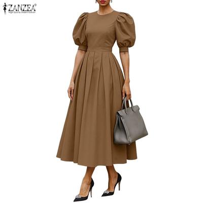 Women Elegant Puff Short Sleeve Casual Long Dress