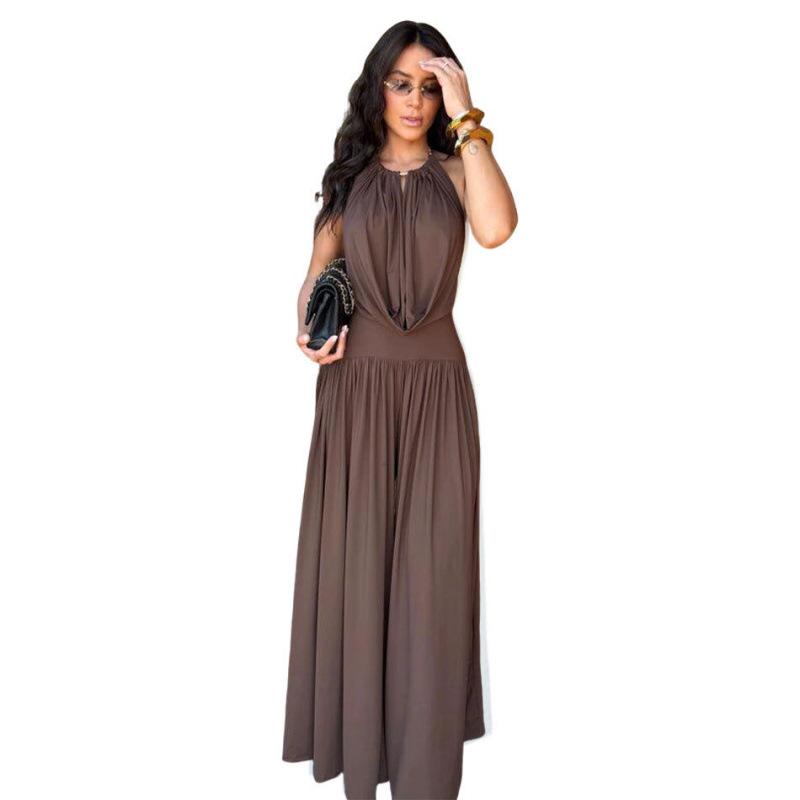 Elegant Halter V-Neck Pleated Wide-Leg Two-Piece Set Large кофейный