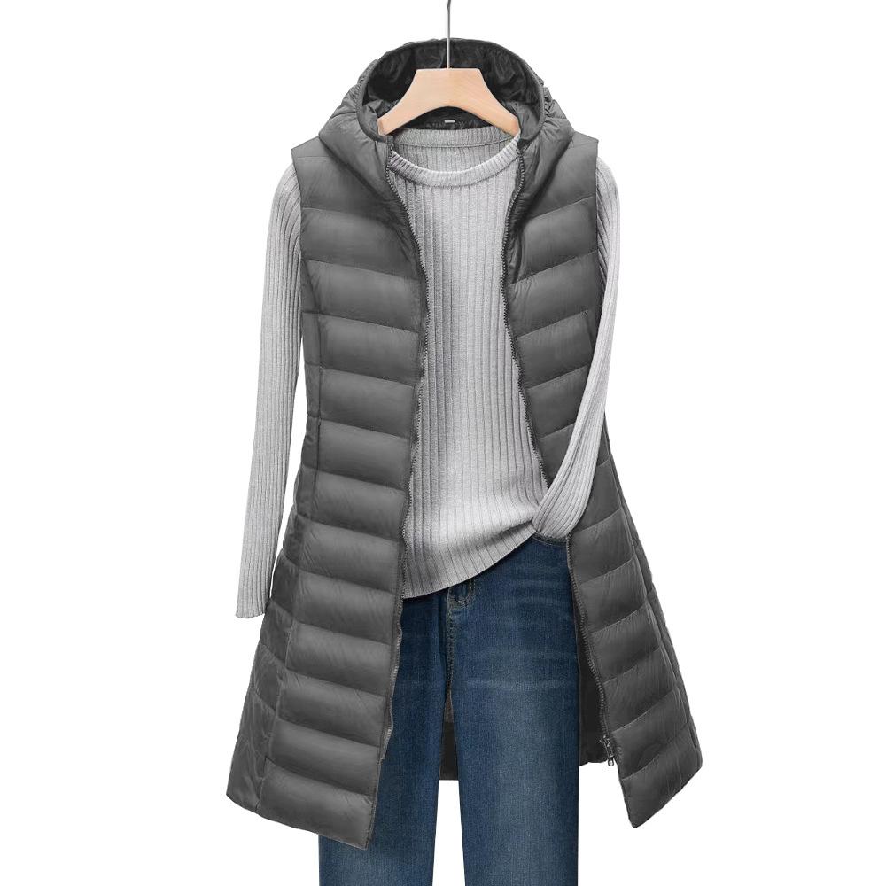 Female Autumn and Winter Medium Long Hooded Light Down Padded Jacket Waistcoat Cotton Vest