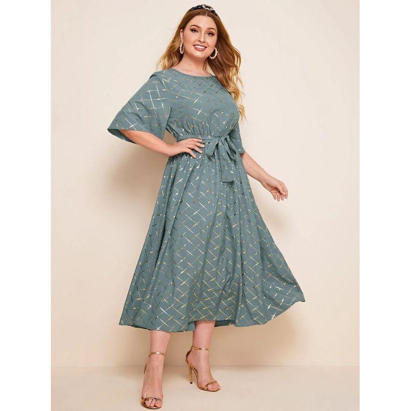 

Cross-Border Amazon New Middle East Plus Size Women s Dress Bronzing Printed Dress Long Dress Blue 4XL