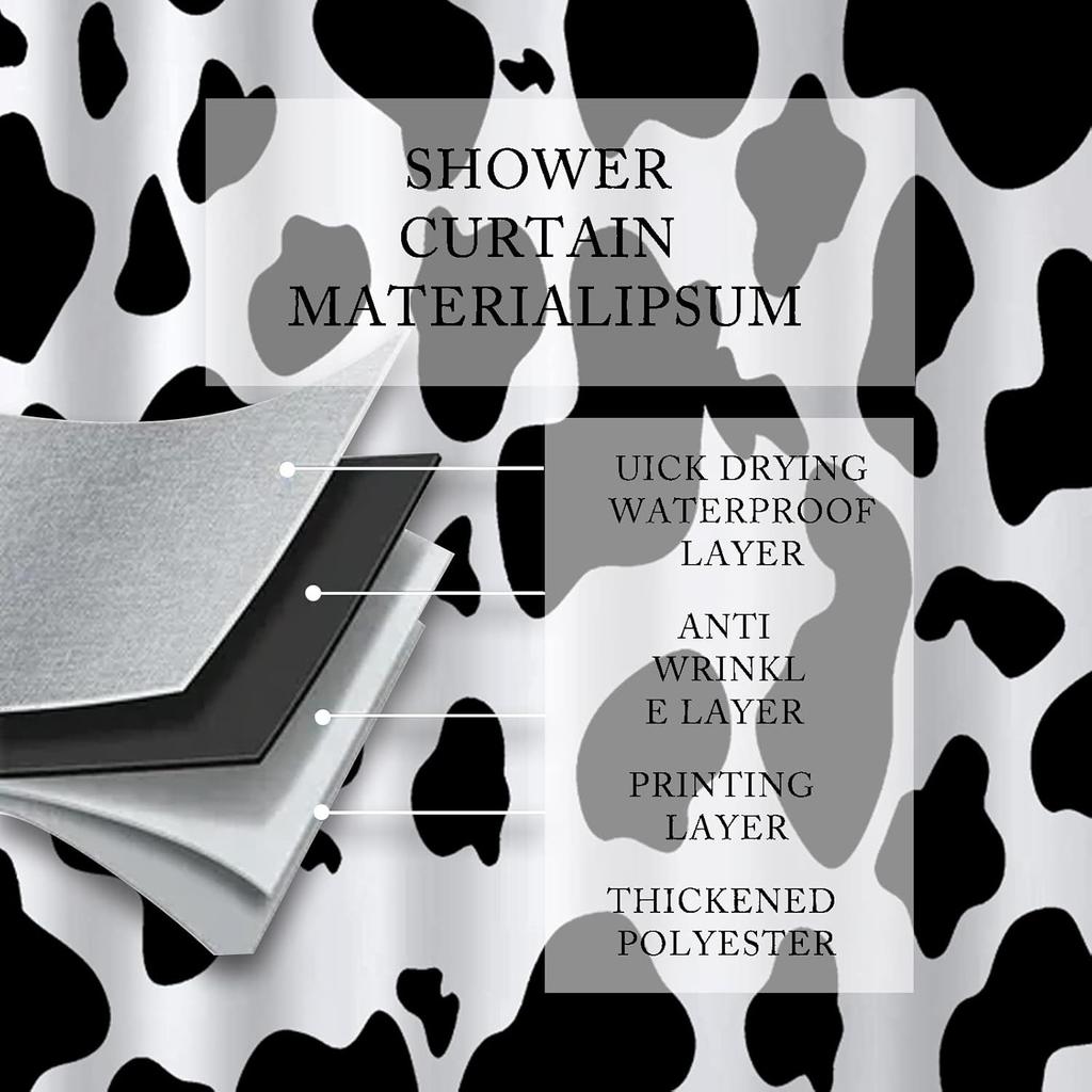 Cow Print Shower Curtain, Black & White Animal Design, Polyester Fabric With Hooks