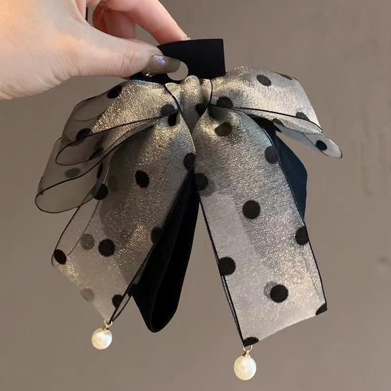 Korean Style Grey Polka Dot Bow Mesh Hair Clip for Fuller Ponytail серый/чёрный