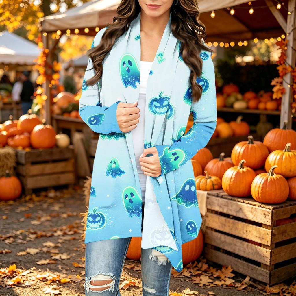 Damen Trendy Halloween-Print Langarm-Strickjacke Pullover für Lässige Herbstmode