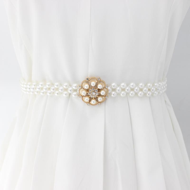 Korean Version of Women's Rhinestone Pearl Waist Chain Fashion Dress Decorative Elastic Waist Belt Women's Sweet Flower Elastic Waist Seal