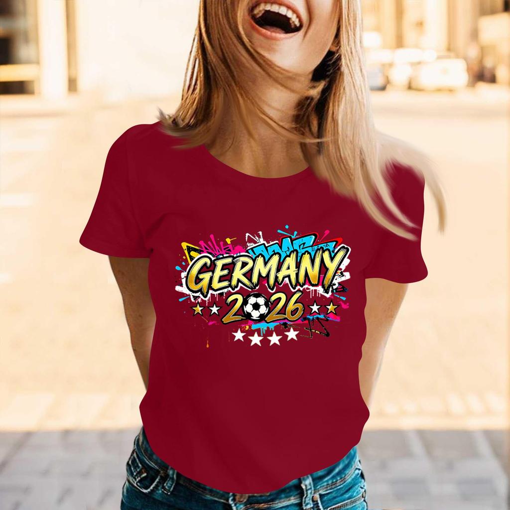Womens Casual Crew Neck Short Sleeve Pullover T Shirt with Germany 2026 Letter Print Graphic for Soccer Supporters Top