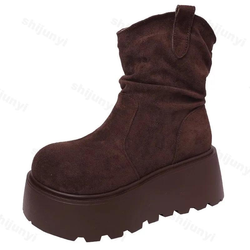 Schneestiefel für Damen Schuhe Plüsch Winter Plateau Schuhe 2025 Neue Pelz Geraffte Stiefeletten Damen Dicke Sohle Mid-Calf Stiefel