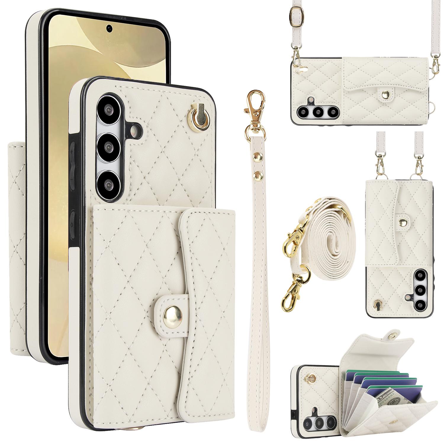 

026 For Samsung Galaxy S24 Kickstand Phone Case Rhombus Grid Pattern with 2 Straps White