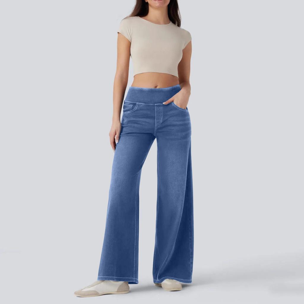 Women Wide Leg Jeans with Zipper Pockets Loose Fit High Waist Denim Pants Full Length Casual Bottoms for Work and Daily Wear