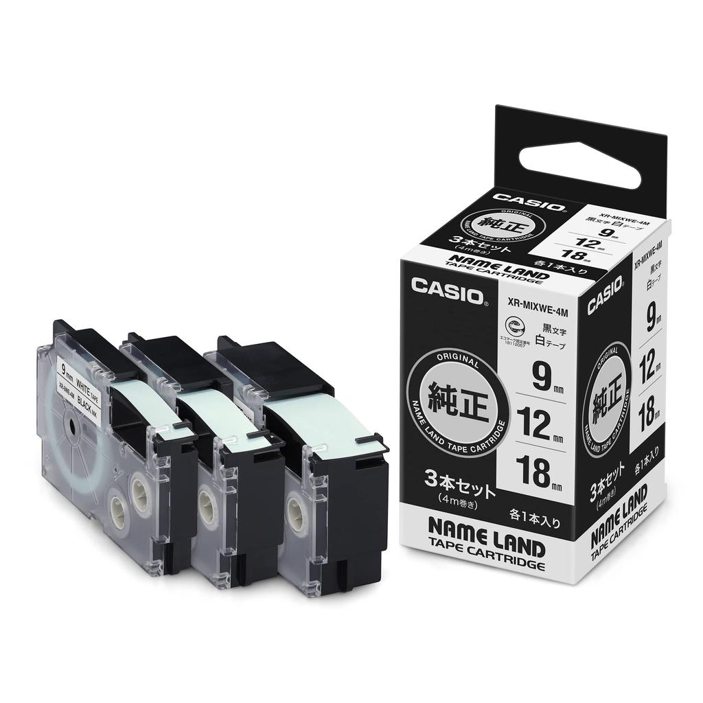 Genuine Casio Nameland Label Writer Tape 9mm 12mm 18mm Set of 3 XR-MIXWE-4M Black Letters On White Background