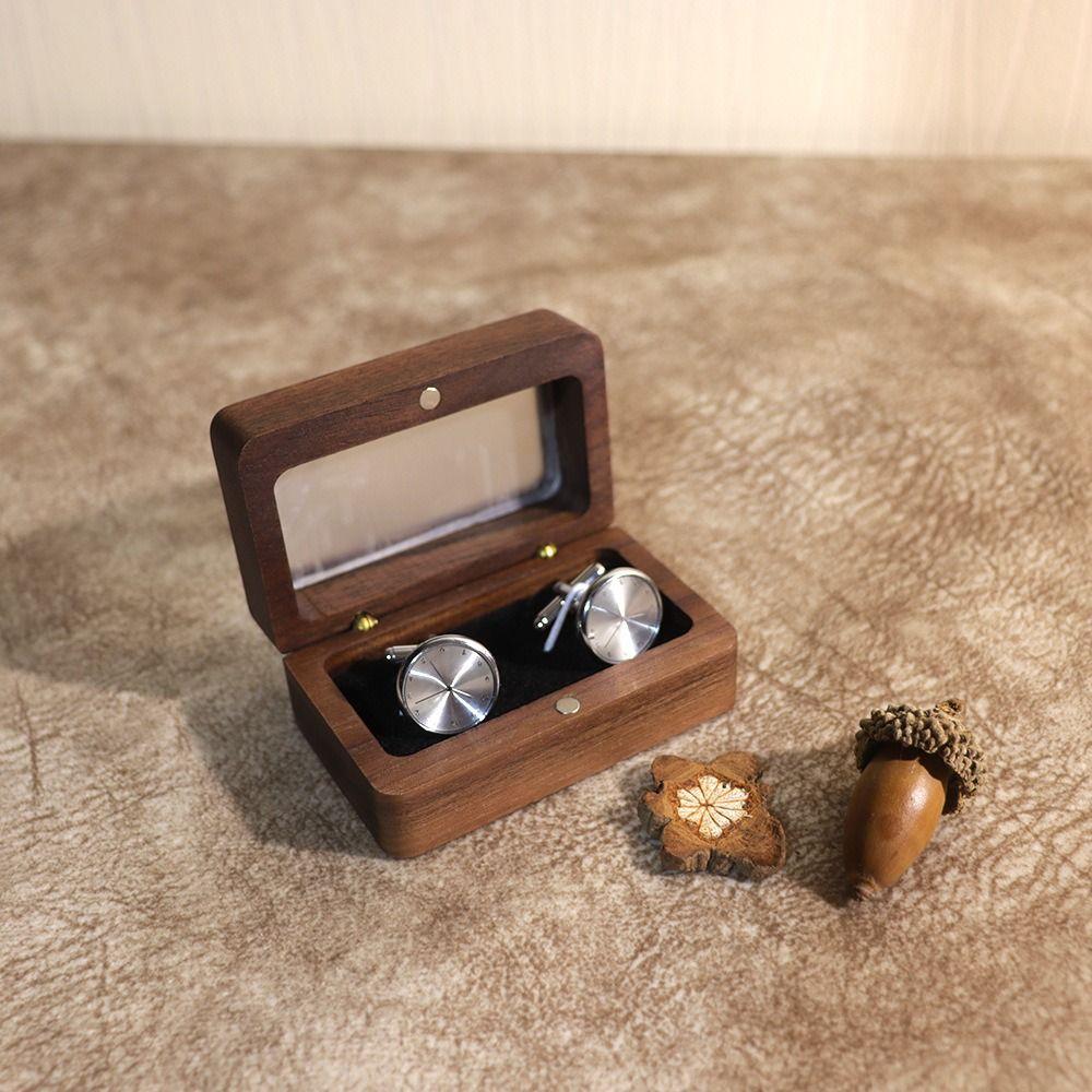 Double Slot Wooden Ring Box Rectangular Jewelry Ring Holder Black Walnut Cufflinks Box  Couples