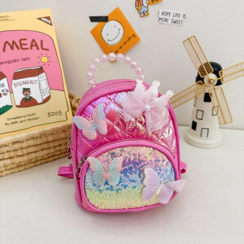 Backpack Kids Sequined With Faux Pearl Handheld Lace Bow And Butterfly Decor
