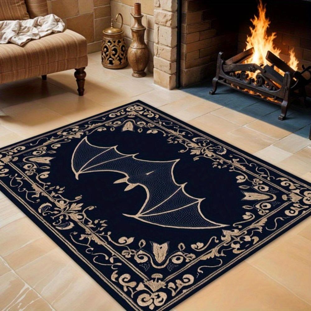 

1 шт. Большой коврик-зона Летучая мышь на Хэллоуин - Готический темно-синий и золотой коврик для пола с, Машинная стирка, Нескользящая основа, Жуткий дом 50x80cm