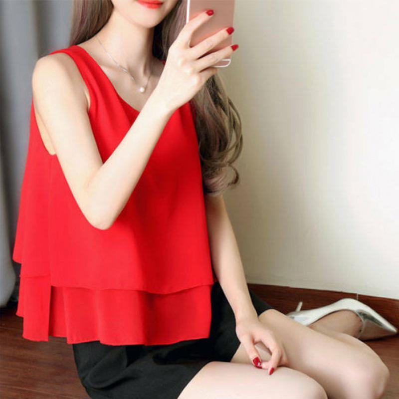 

Women s Red Puff Sleeve Chiffon Blouse - Korean Style Round Neck Ruffle Top Medium красный