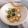 Youthway Vintage Luxury Stainless Steel Geometric White Green Rhinestone Drop Earrings For Women Anti Allergic Jewelry Set