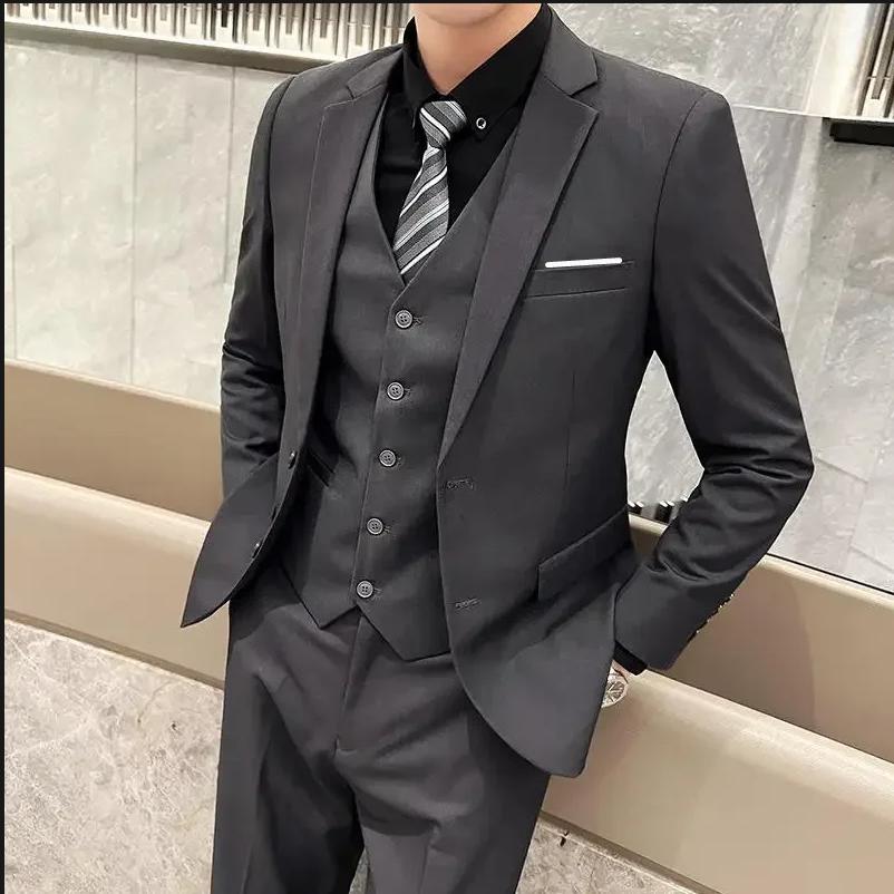 Men's Suit (Blazer+ Trousers) Gentleman Business British Style Solid-color Banquet Host Casual Wedding Suit