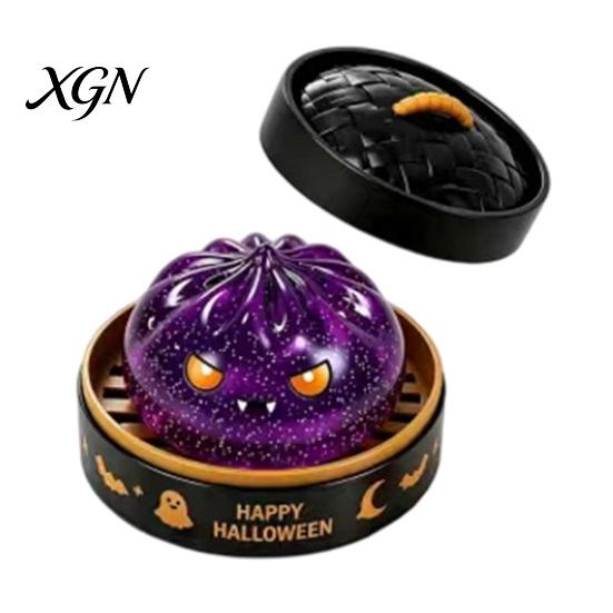 Portable Decompression Tool 1/5/6Pcs Halloween Dumpling Squeezing Toy with Steamer, Pumpkin Ghost Eyeball Skeleton Bun Stress Relief for Kids Adults,