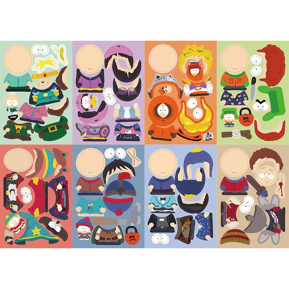8 Sheets Cartoon South Park PARK Make A Face  Puzzle Stickers For Luggage Phone Case Laptop Notebook Decals Kids Gift