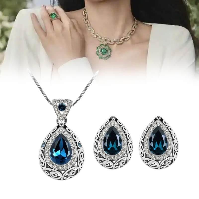 Teardrop Necklace Shaped Earrings Alloy Jewelry Set Women Fashion Gift Blue
