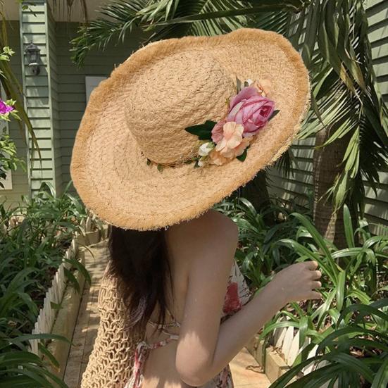 Women Straw Hat Imitation Flower Decor Wide Brim Sun Protection Hat Lightweight Quick-Drying Summer Sun Hat