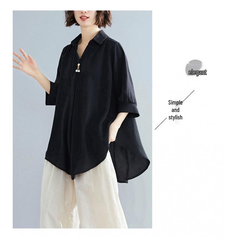 2026 Stylish Cotton Linen V-Neck Casual Plus Size Shirt with Belly Coverage and Wide Hem