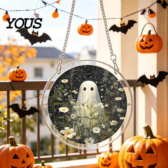 Acrylic Halloween Decoration Suncatcher Jigsaw Puzzle Set, Spooky Ghost Floral Meadow Window Hanging Ornament with Metal Lightweight Frame
