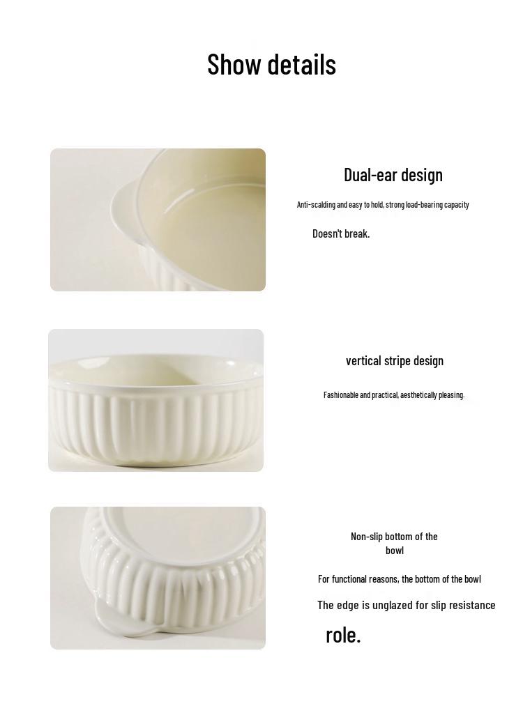 Dual-Ear Ceramic Multipurpose Bowl: Ideal for Salads, Steamed Eggs, Baking, Microwaving, and Serving Soup.