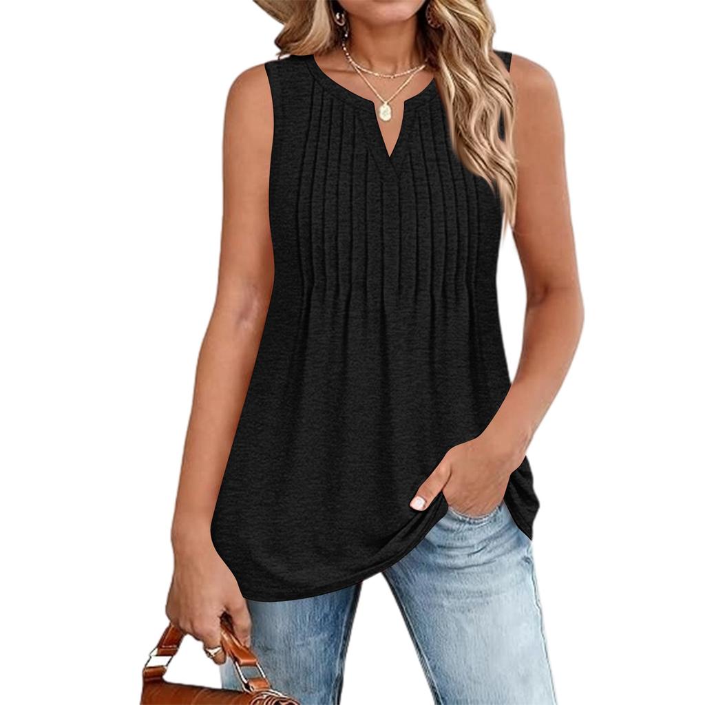 Women's Fashionable  V-neck Loose Casual Pleated Sleeveless Vest Top